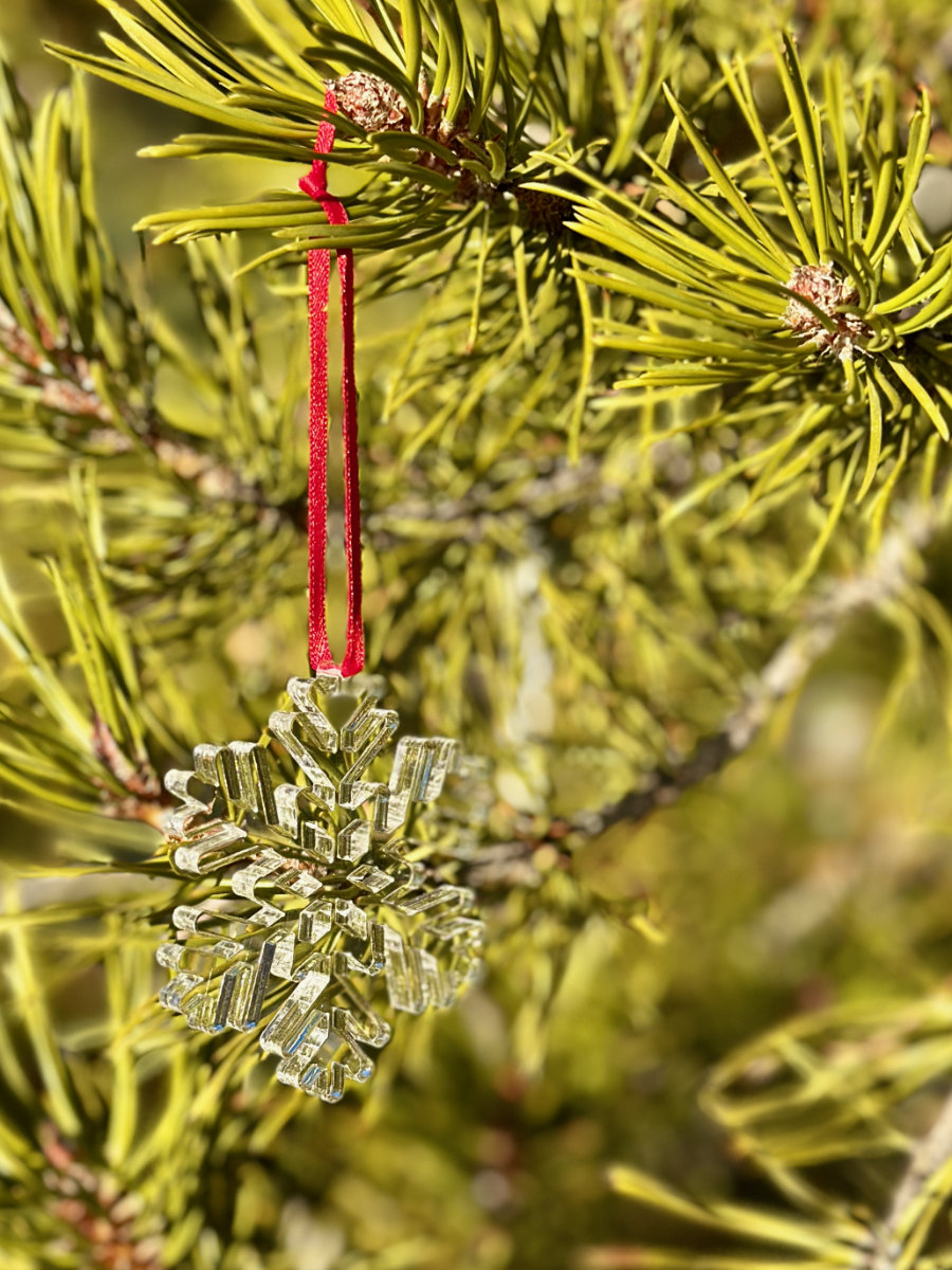 An acrylic snowflake ornament.